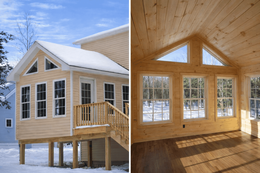 Custom four-season sunroom addition in New Hampshire, showing the completed exterior and a warm pine interior with vaulted ceiling and large energy-efficient windows. Built by Kilted Builders
