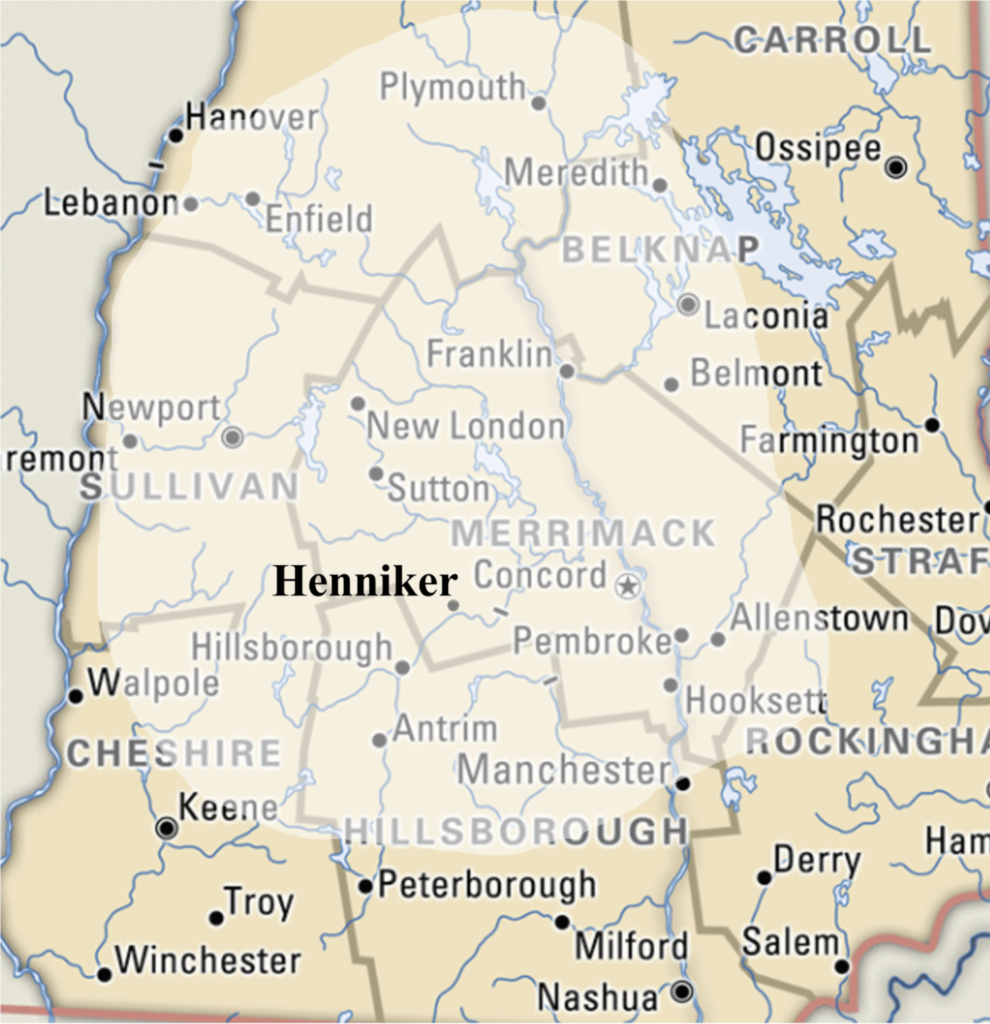 Map highlighting Henniker, Warner, Bradford, and Hopkinton showing the Central New Hampshire service area for Kilted Builders