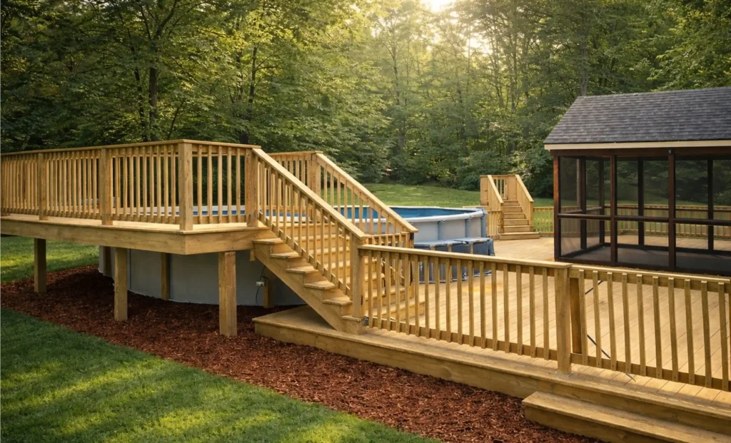 Custom deck and screened porch built for a Central New Hampshire home by Kilted Builders